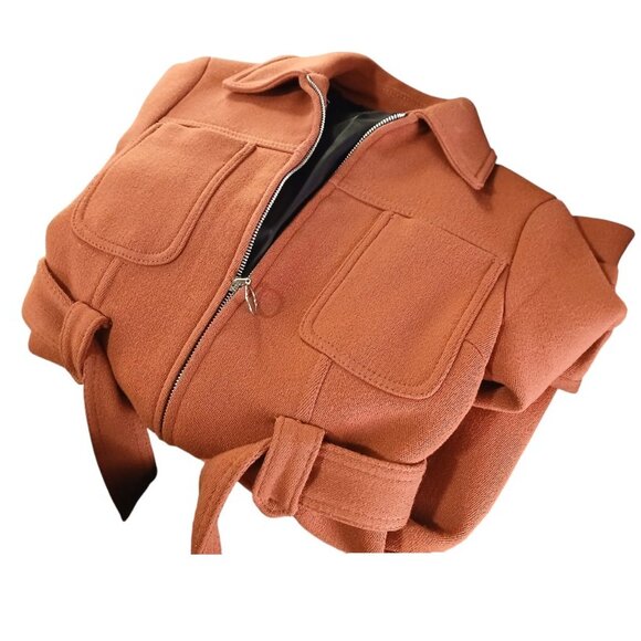 ZARA WOMAN Burnt Orange Zip Front/Waist Tie Peacoat XS - EUC - Picture 3 of 8